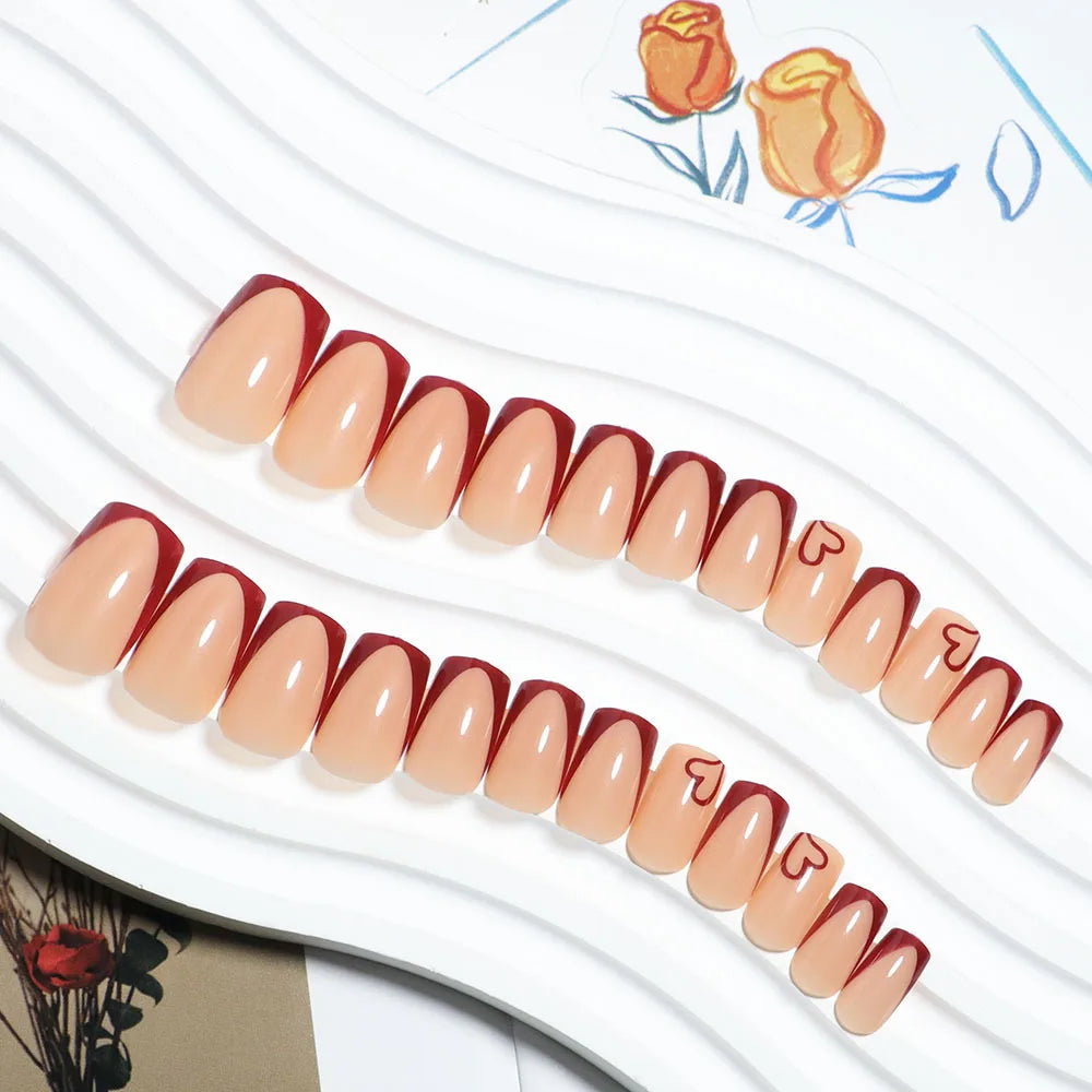 Medium fake nails for women girls red pink heart print french frame full cover square nail tips press on acrylic false nail art
