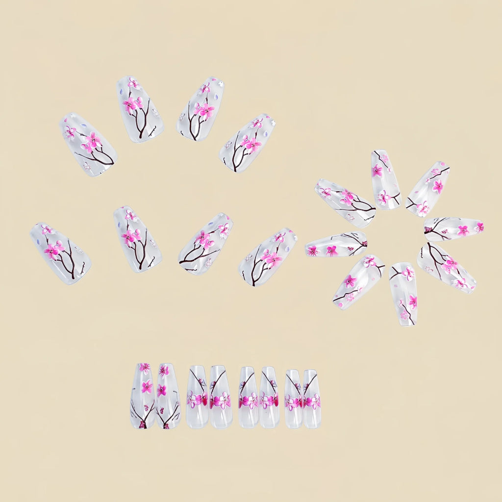 Medium long fake nails for women girls half clear nail tips pink flowers design ballet shape full cover reusable press on nails