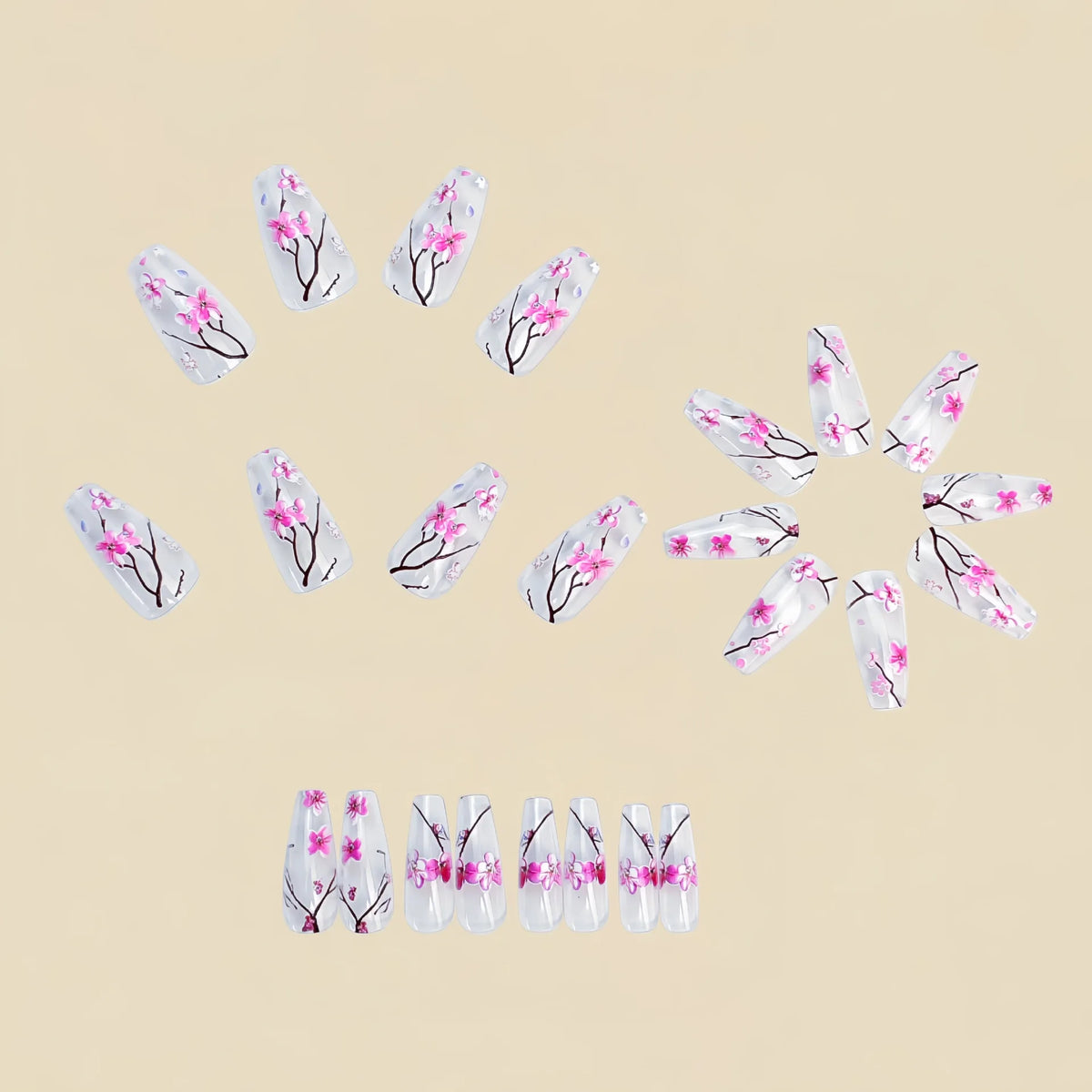 Medium long fake nails for women girls half clear nail tips pink flowers design ballet shape full cover reusable press on nails