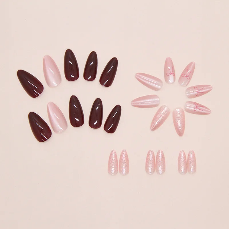 Short Medium fake nails cor women girls shimmer Glossy cat eyes nude red wine red colors french style press on false nail set