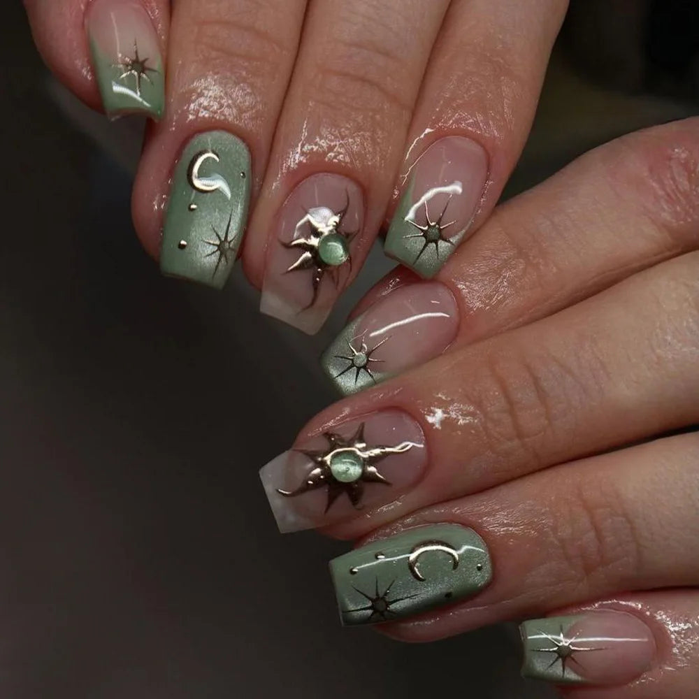 3D Fake Nails Gradient Pink Purple Green Blue Orange Embossed Flowers Fruit Metallic Rhinestones Medium Tips Press On False Nail