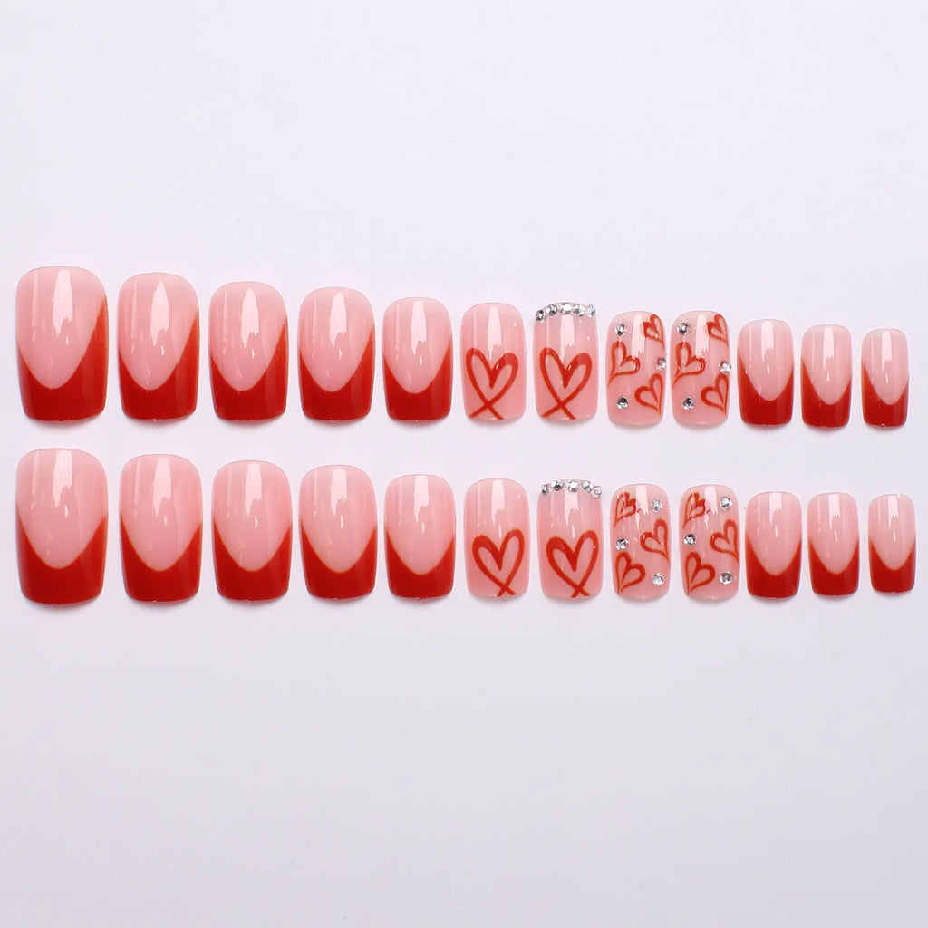 Medium square fake nails for Valentine's Day cute red heart with rhinestones design full cover french nail tips press on nails