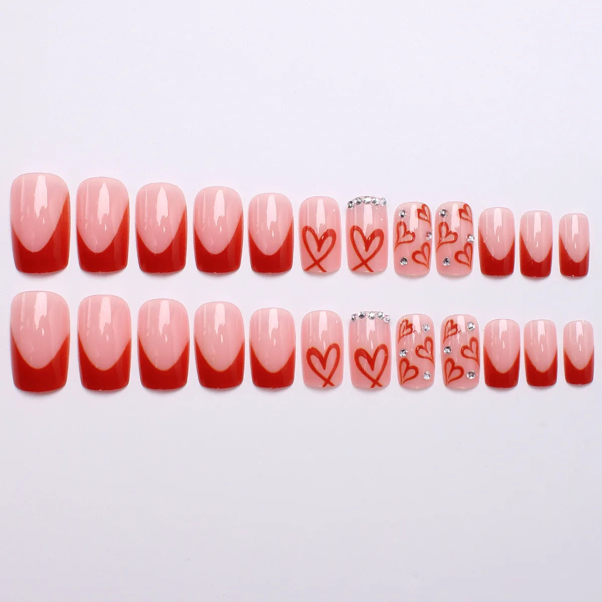 Medium square fake nails for Valentine's Day cute red heart with rhinestones design full cover french nail tips press on nails