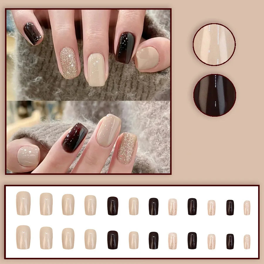24pcs/set Short square fake nails for women girls Sparkling glitters with nude brown golden glossy nail tips press on false nail