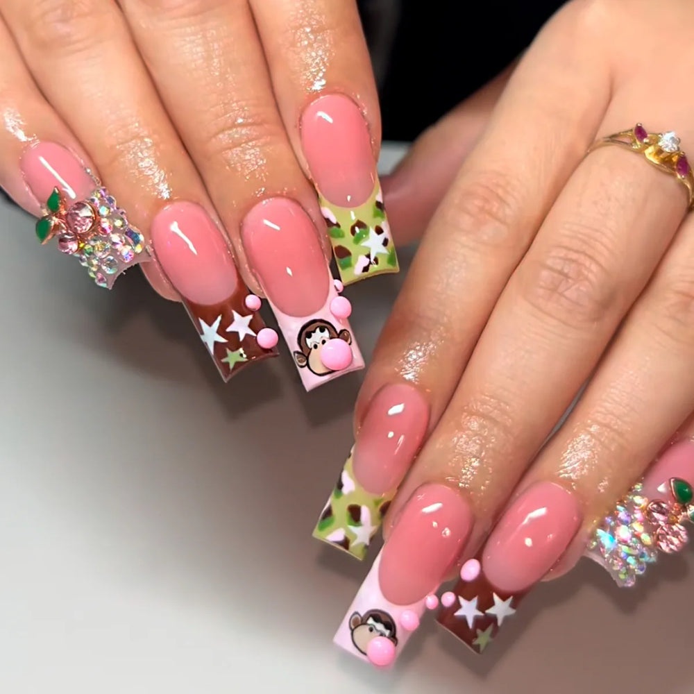 Pink & Yellow 3D Bow Monkey Banana Press-On Nails – Long Coffin, 24 Pcs