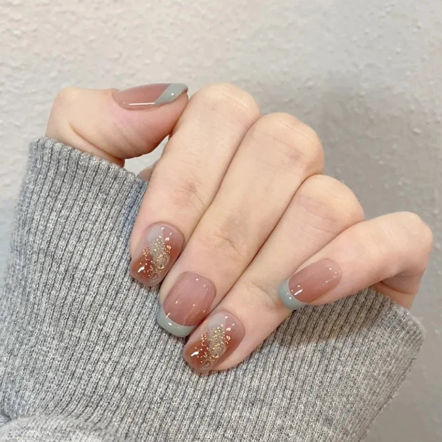 Nude White Brown Gradient Glitter French Press-On Nails – Short Square