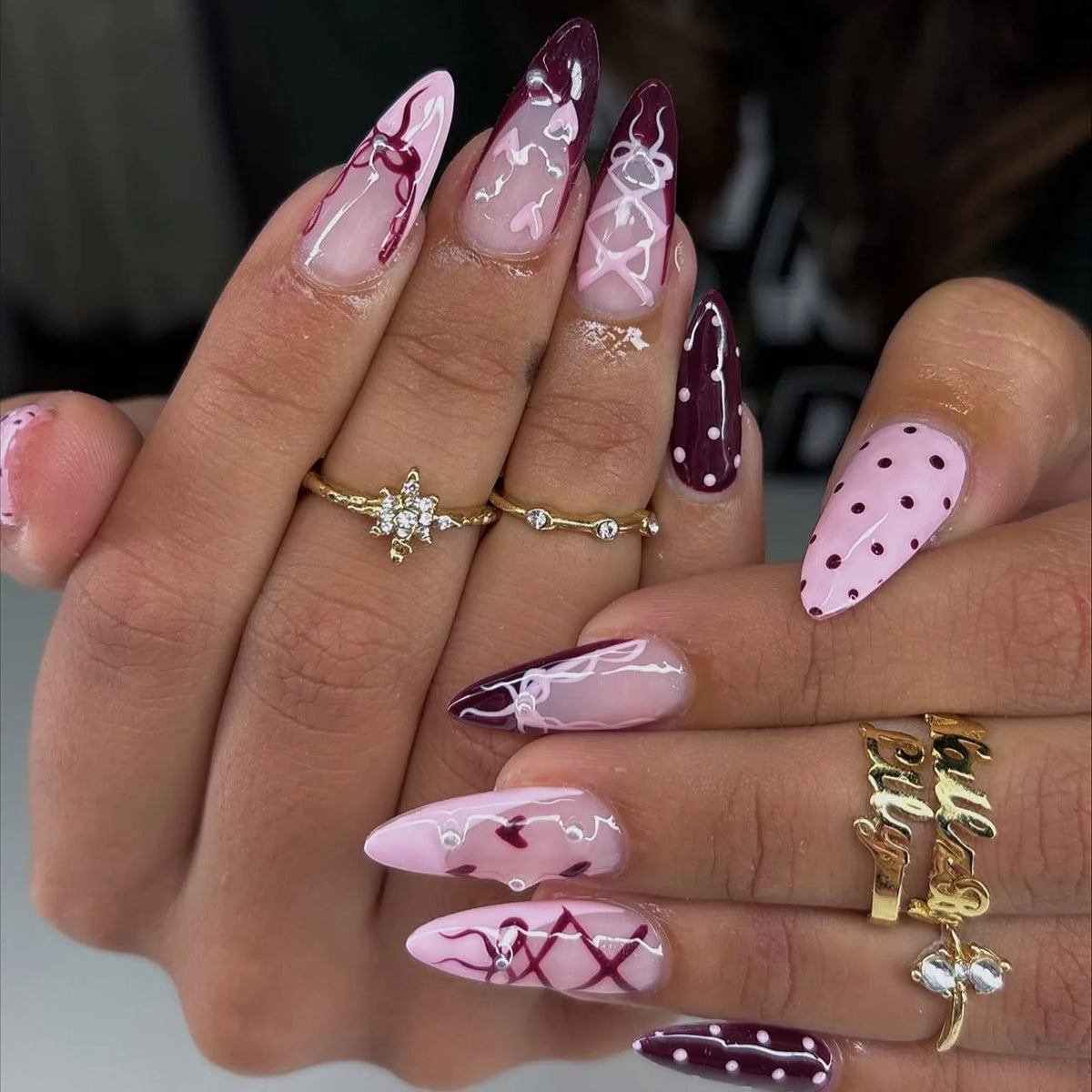 24pcs/set 3D fake nails for women girls Medium almond tips leopard polka dot 3D embossed flowers design press on false nail art