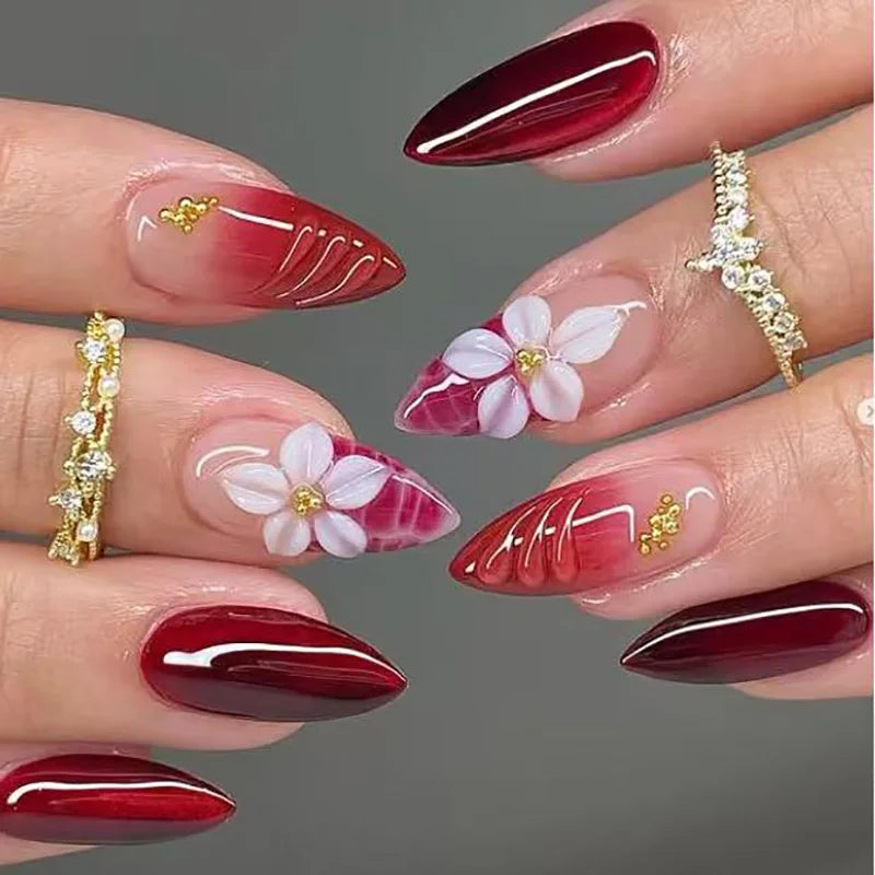 3D New Year Red Embossed Flower Gold Bead French Almond Press-On Nails