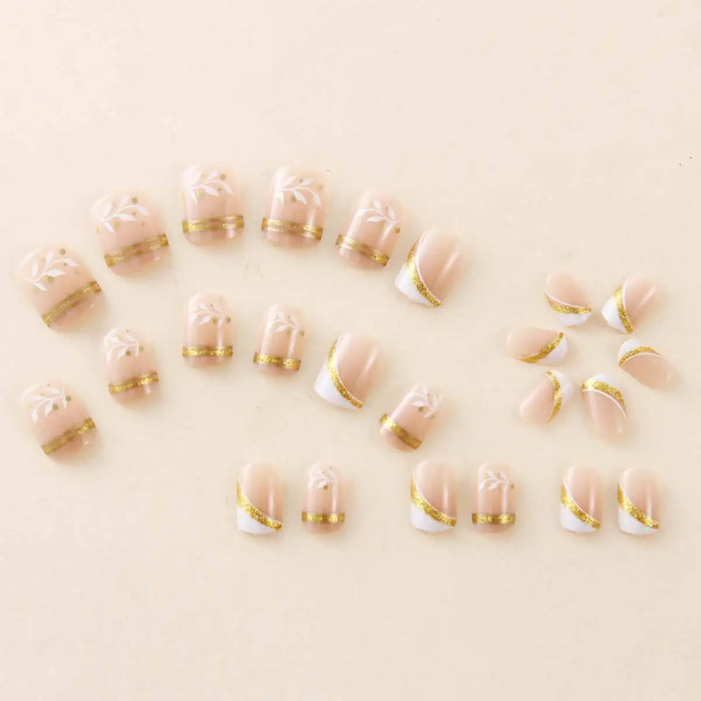 Gold & White Flower Stripe Frame French Press-On Nails – Short Square