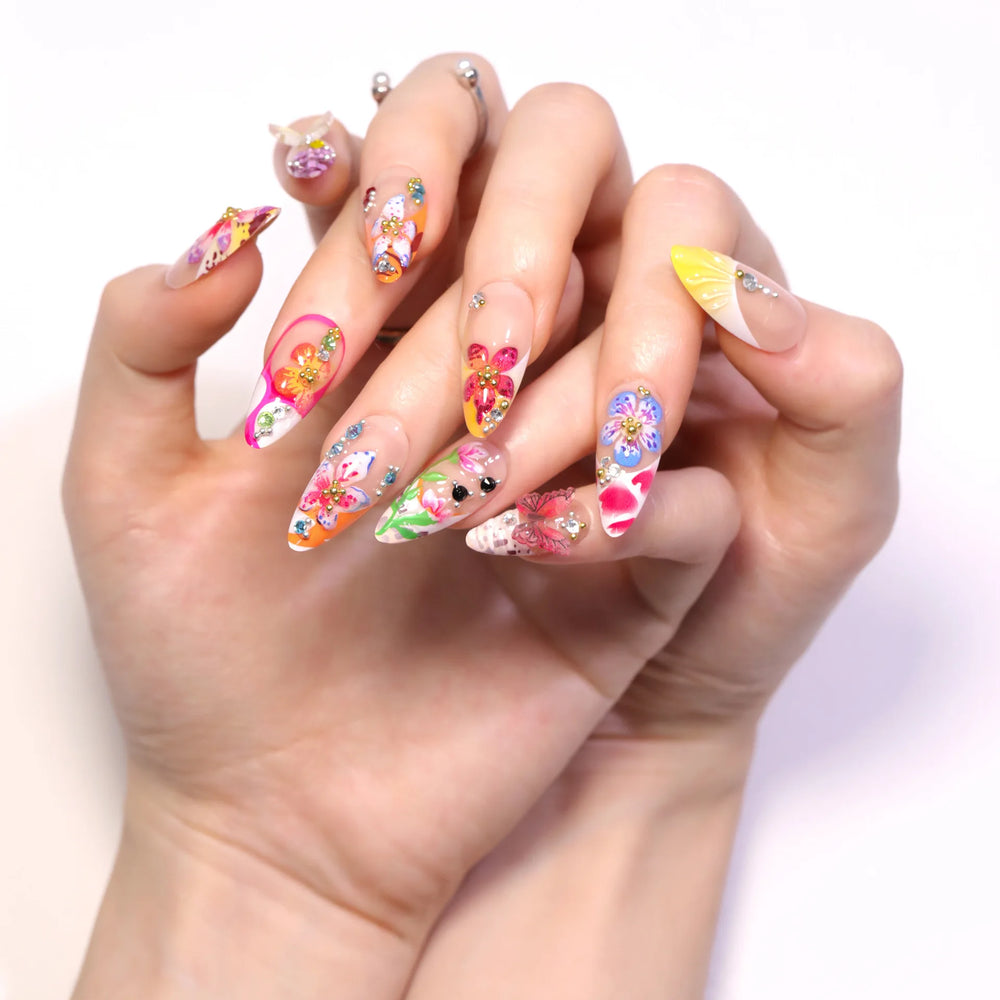 Tropical Hibiscus & Butterfly French Press-On Nails – Almond, 24 Pcs
