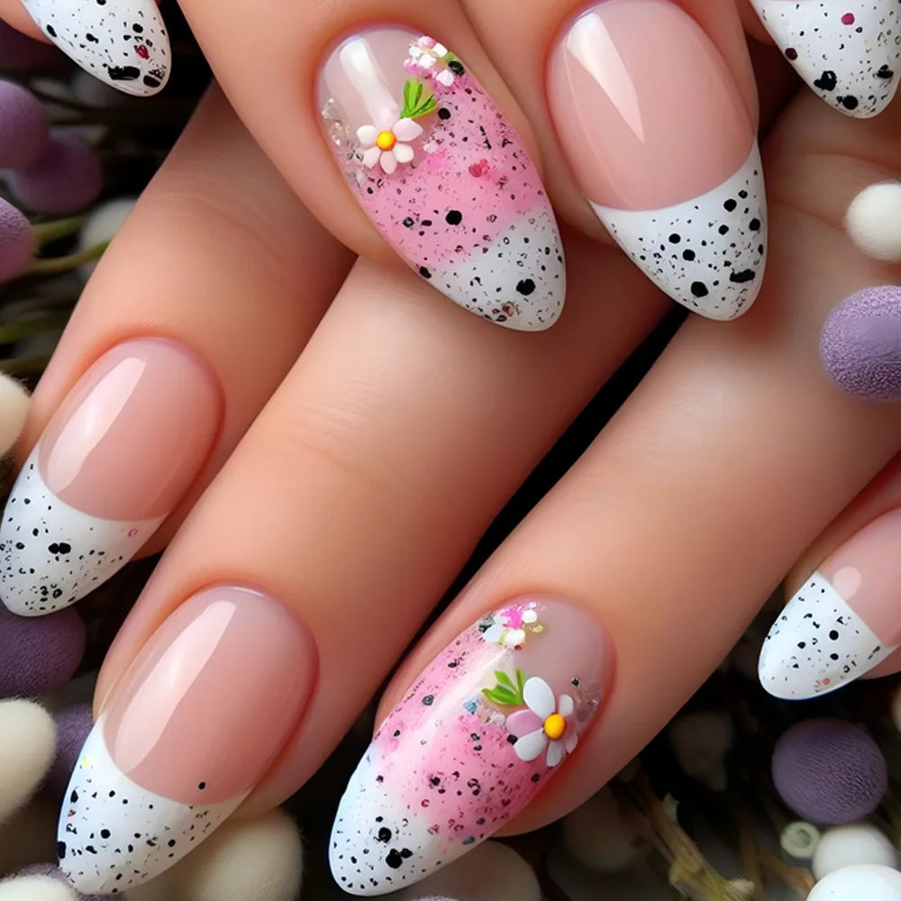 24pcs/set Medium long fake nail for Autumn Winter fashion maple leaves flowers brown green white pink tips press on false nail