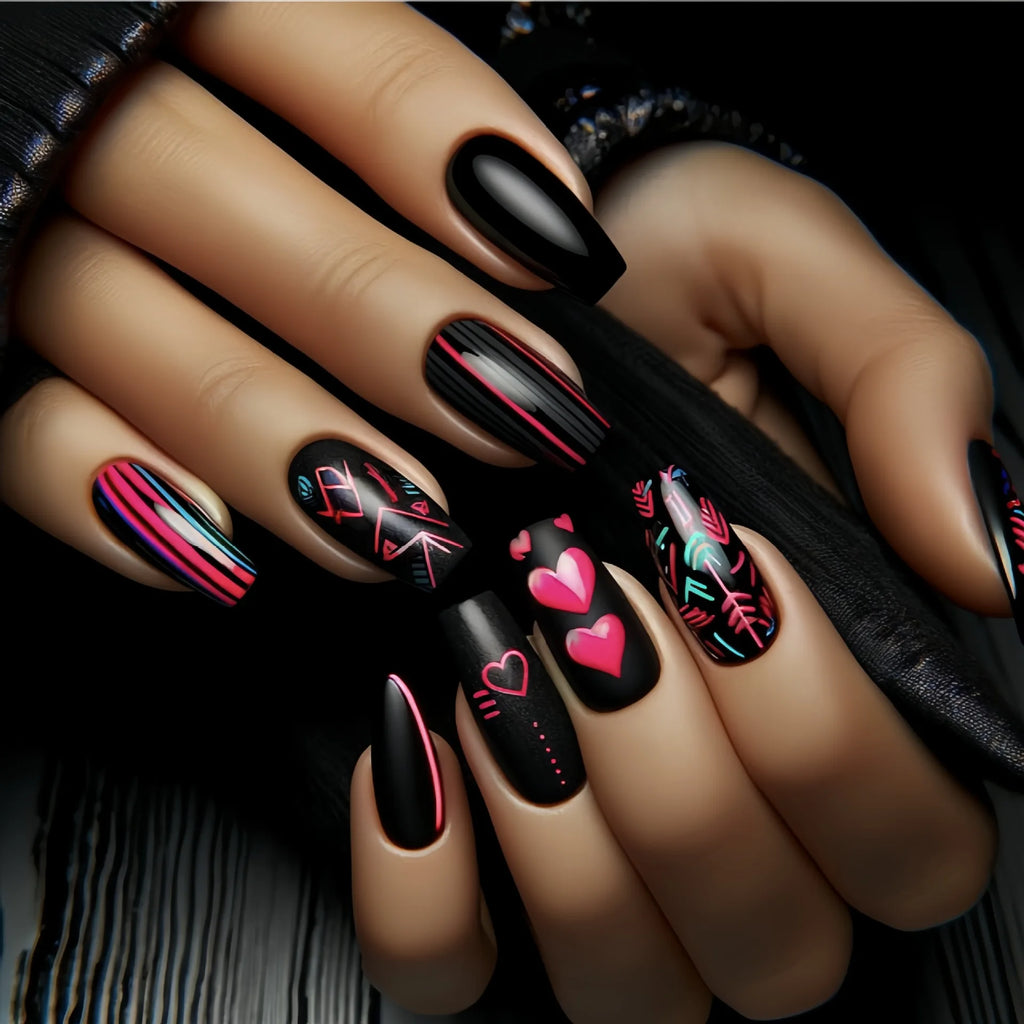 Medium fake nail for women girls Y2K Pink green yellow black Square tips with cute heart for Valentine's Day press on false nail