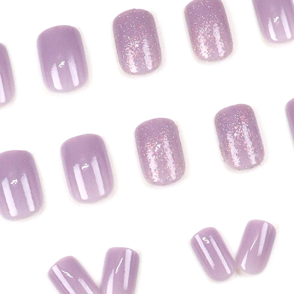 Short fake nails for women girls nude purple color with sparkling glitters in Square ballet shape full cover press on false nail
