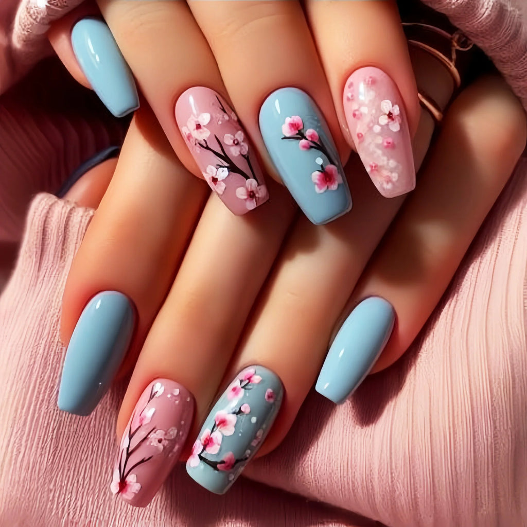Medium long fake nails for women Blue Pink colors with flowers print glossy ballet nail tips full cover press on false nail set