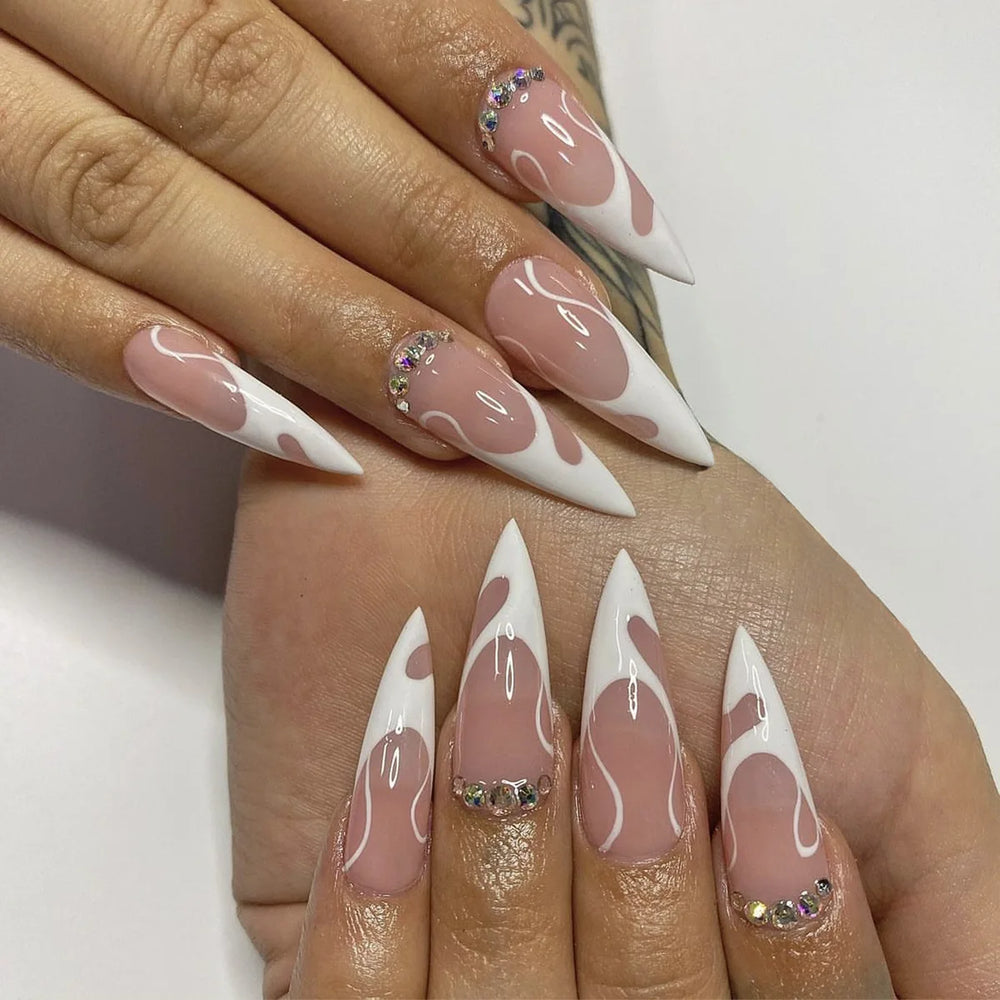 Black Pink White Pattern Rhinestone Press-On Nails – Short/Medium Square Almond