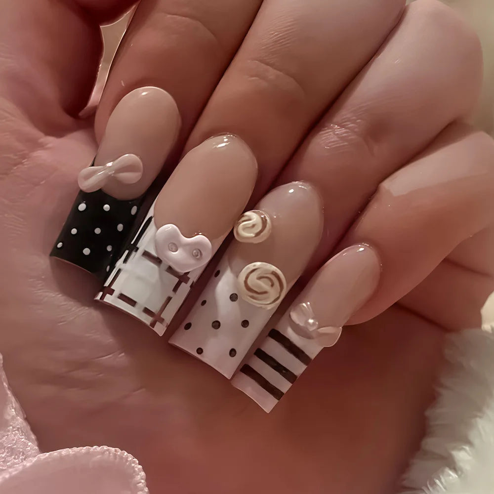Cartoon Bow & Lollipop Polka Dot Press-On Nails – Long Square, 24 Pcs