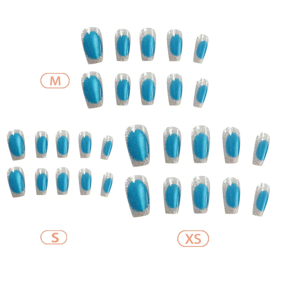 30Pcs/Set Dual Tone Cat Eye fake Nail Tips Gem Blue Brown Silver Glitter sparkling Medium french Style Press-On false Nails art