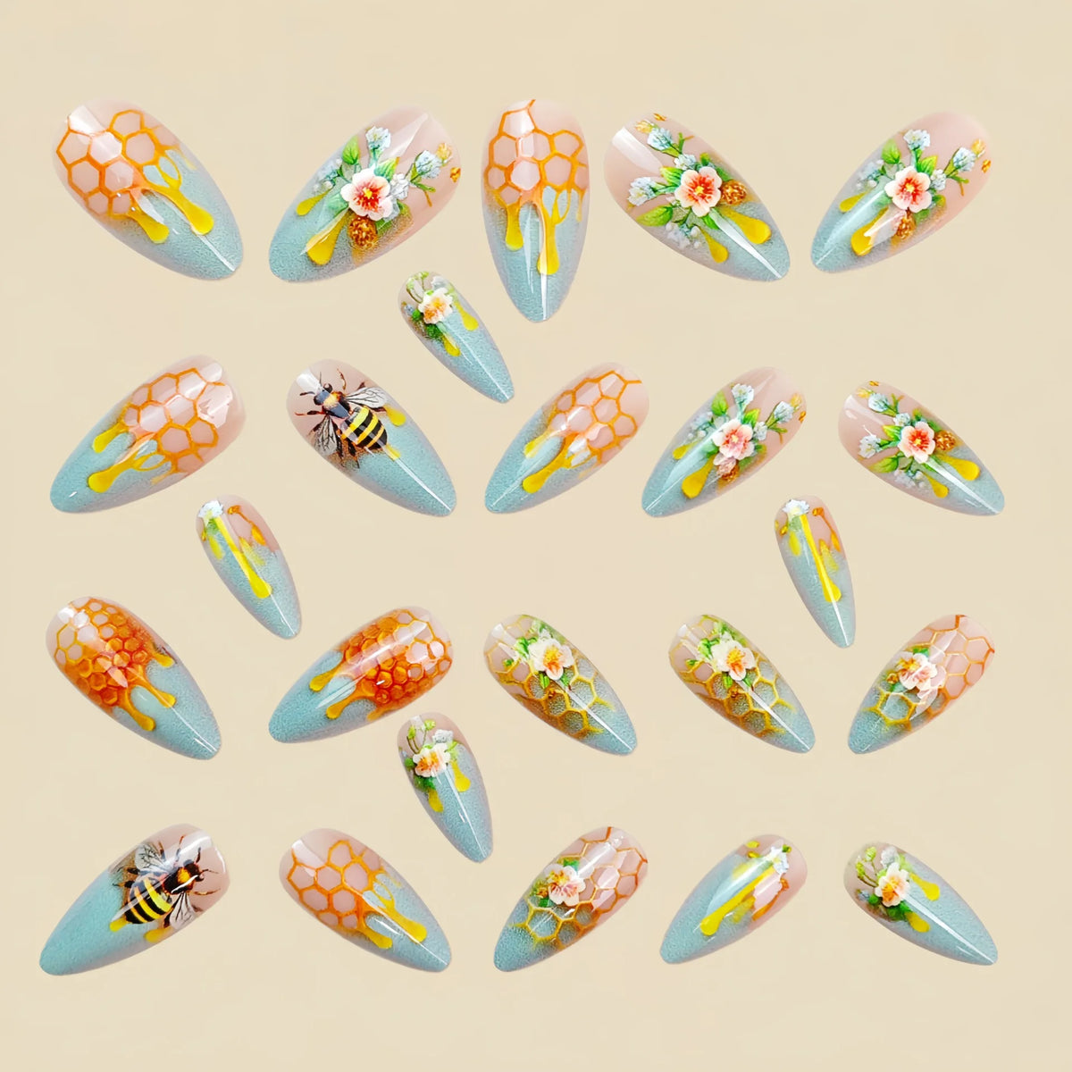 24pcs/set fake nails for women gradient nude green colors with flowers honeybee printing almond full cover press on false nail