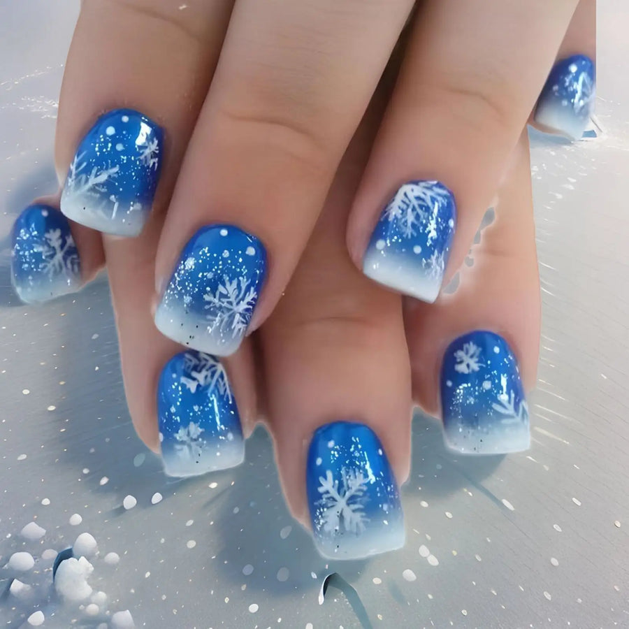 Snowflake Glitter Christmas Press-On Nails – Short Square, 24 Pcs