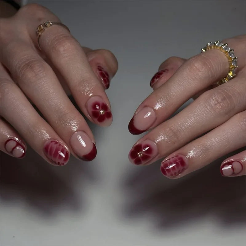 Sweet Pink Flower Gold Stripe Press-On Nails – Short Almond, 24 Pcs