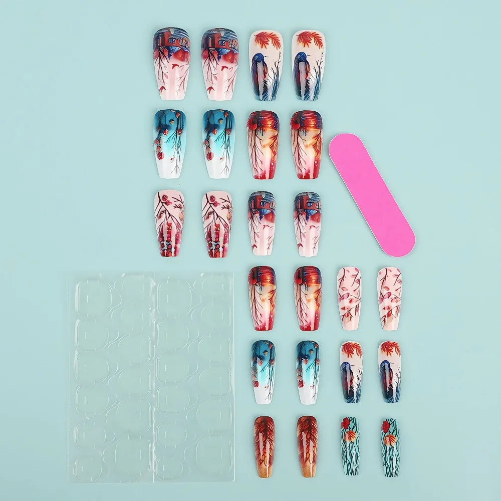 Medium fake nails for women girls gradient red brown maple leaf flora blue nude  full cover press on acrylic false nail art