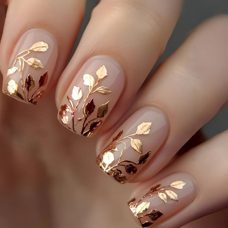 Gold Leaf Flower & Butterfly Spring Press-On Nails – Short/Medium Square