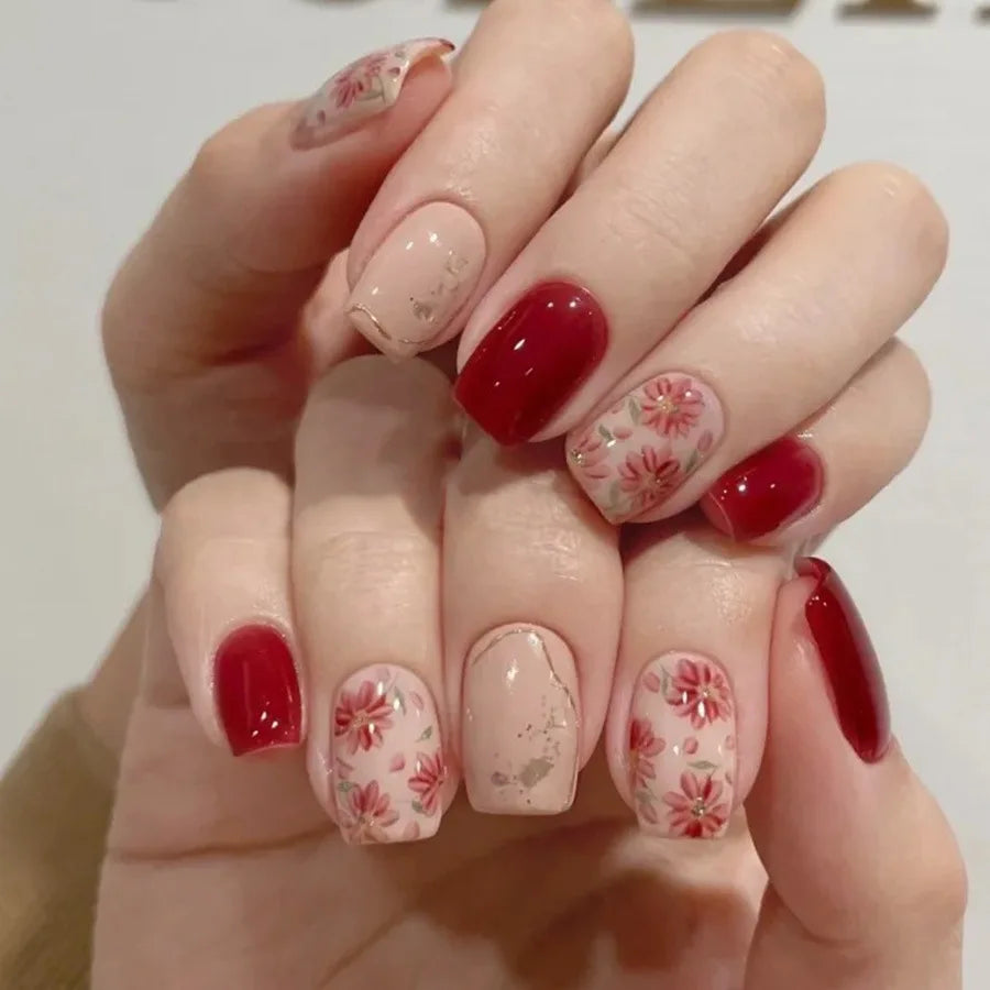 Short Medium fake nails for women Gradient pink red blue flowers sparkling Square nail tips full cover acrylic press on nails