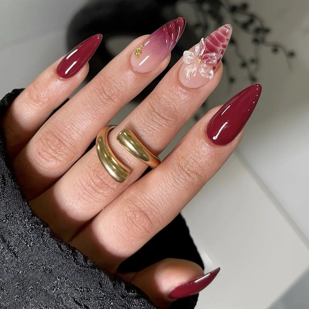 3D Gold Frame Flower Pearl Bow Almond Press-On Nails – Pink Red Gradient