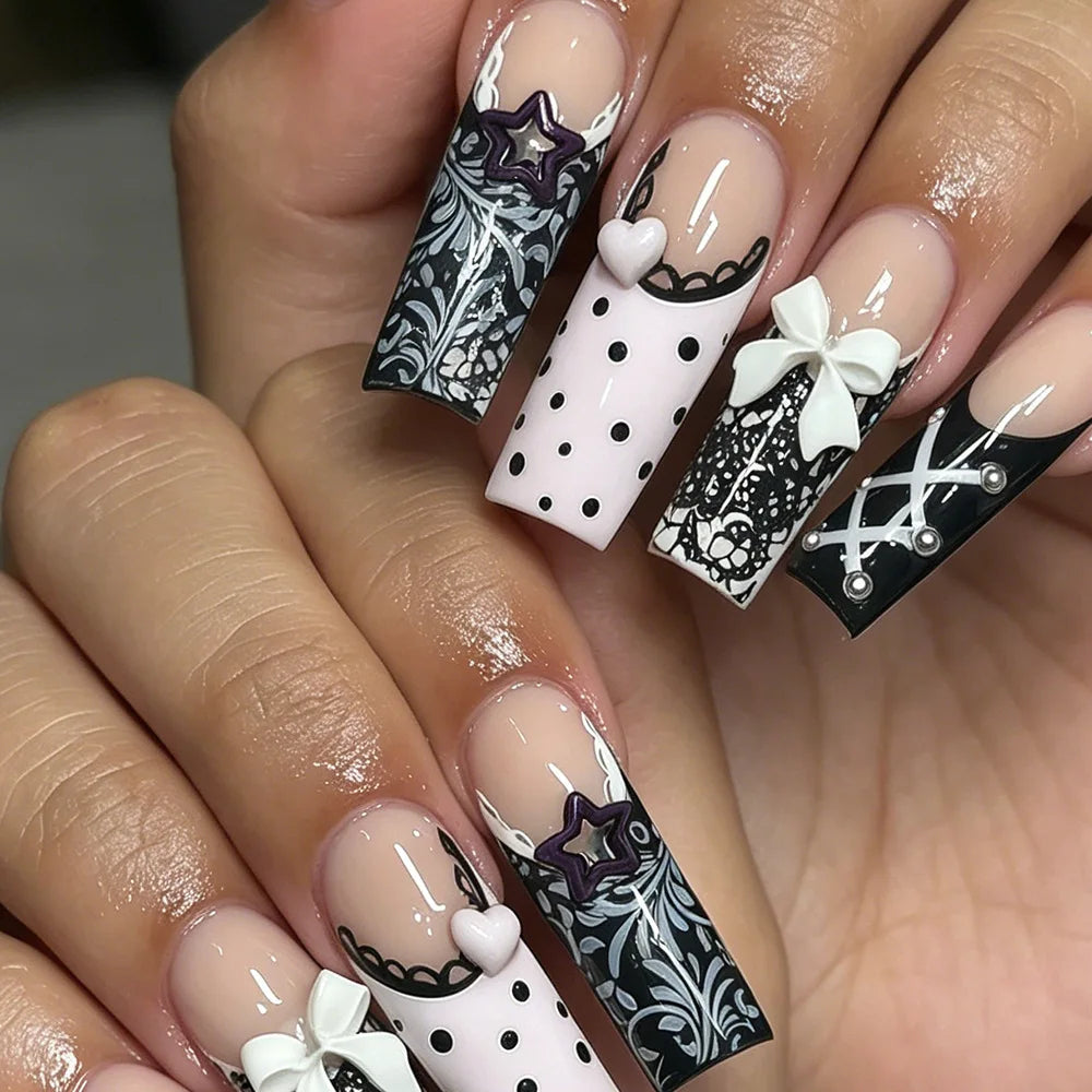 Black & White Polka Dot Bow Y2K Press-On Nails – Long Square, 24 Pcs