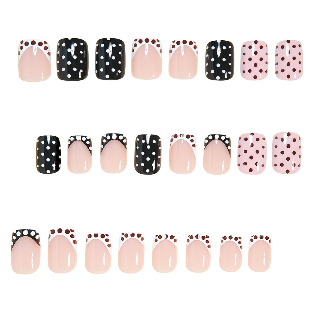 Short Square fake nails for women girls cute pink black white colors fashion polka dots design french style press on false nail