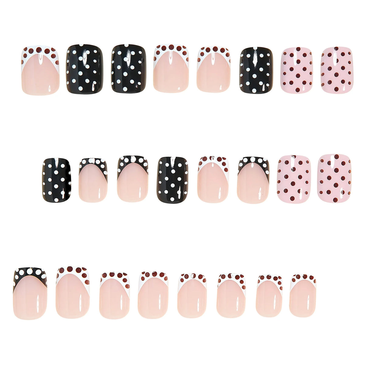 Short Square fake nails for women girls cute pink black white colors fashion polka dots design french style press on false nail