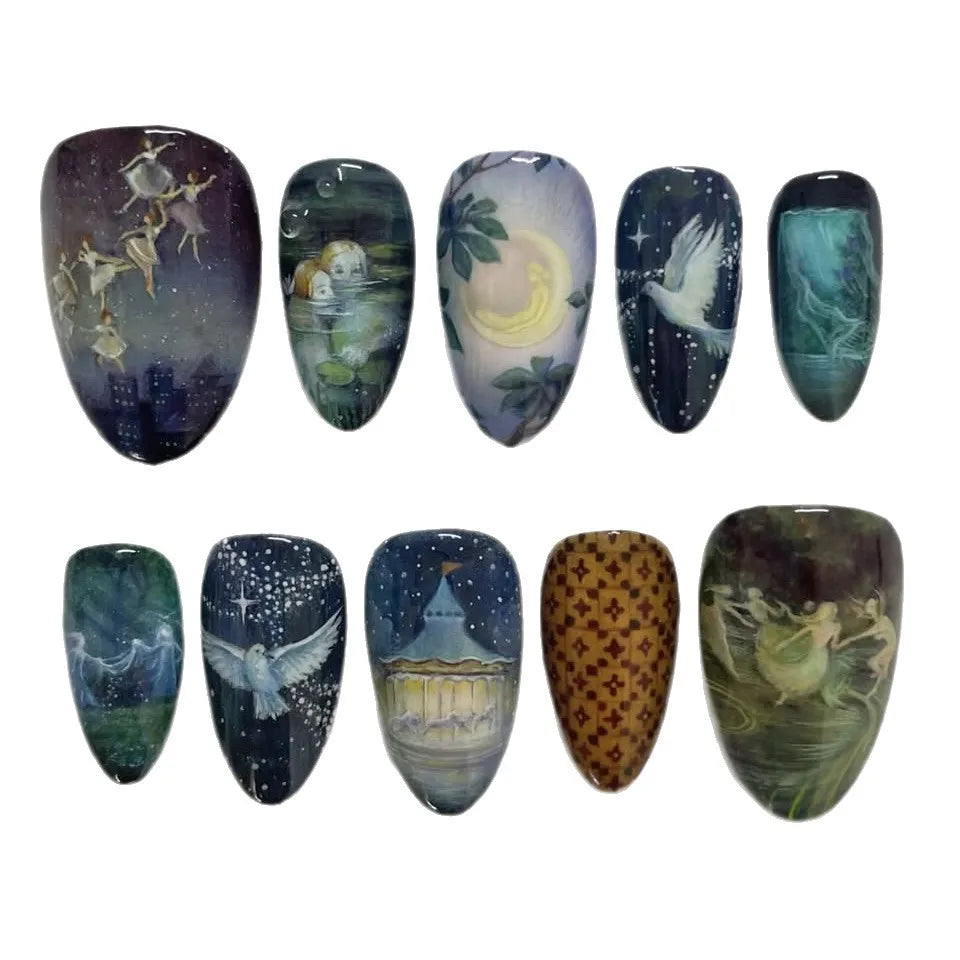 Moonlight Starry Night Art Press-On Nails – Almond, 24 Pcs