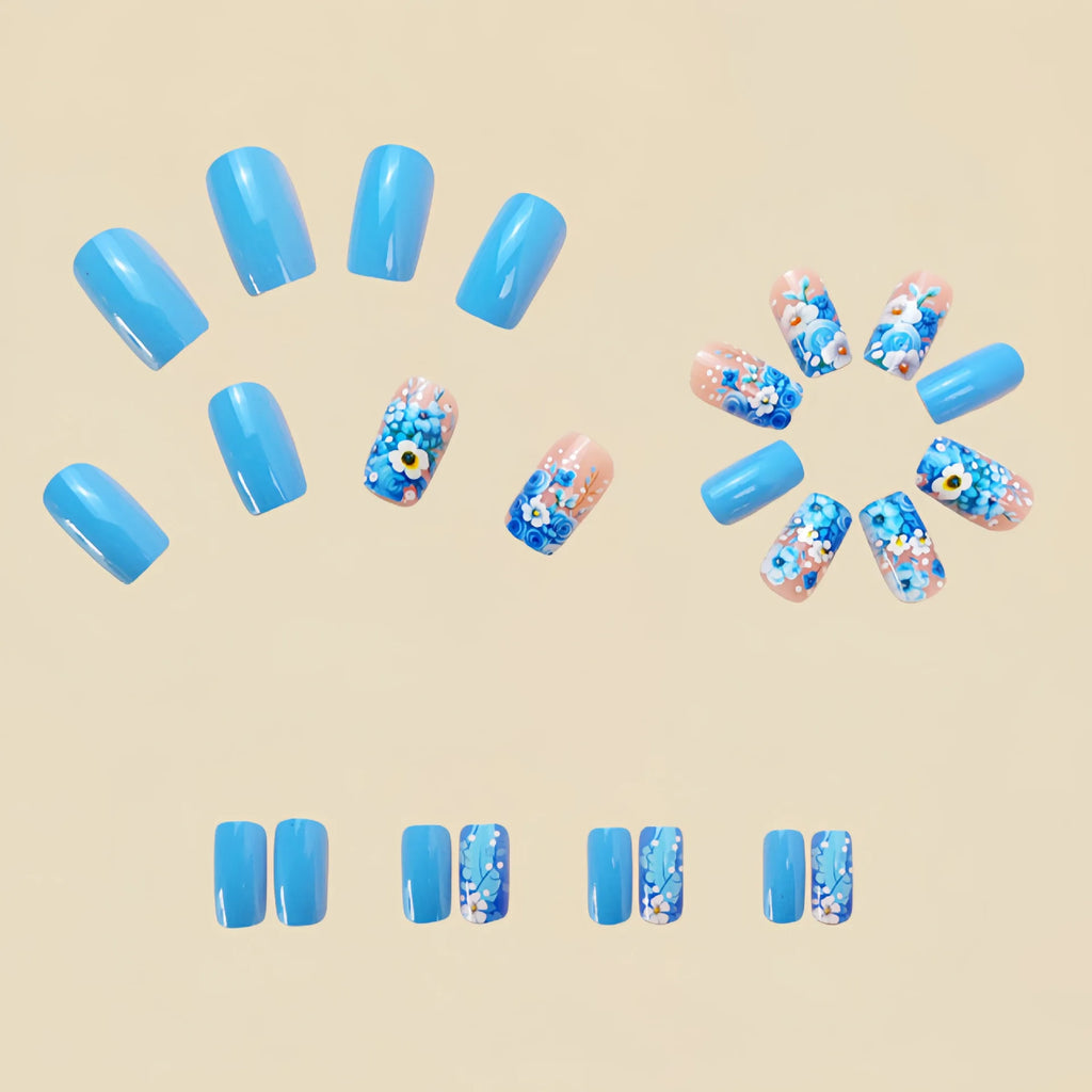 Medium fake nails for women girls Nude blue square nail tips with flowers printing full cover reusable press on false nail art