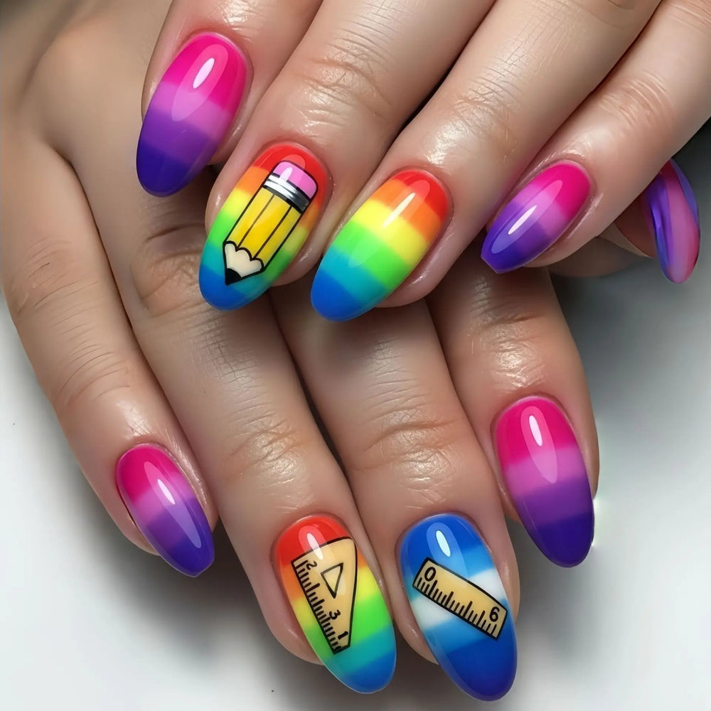 Y2K Campus Pencil Print Almond Press-On Nails – Medium