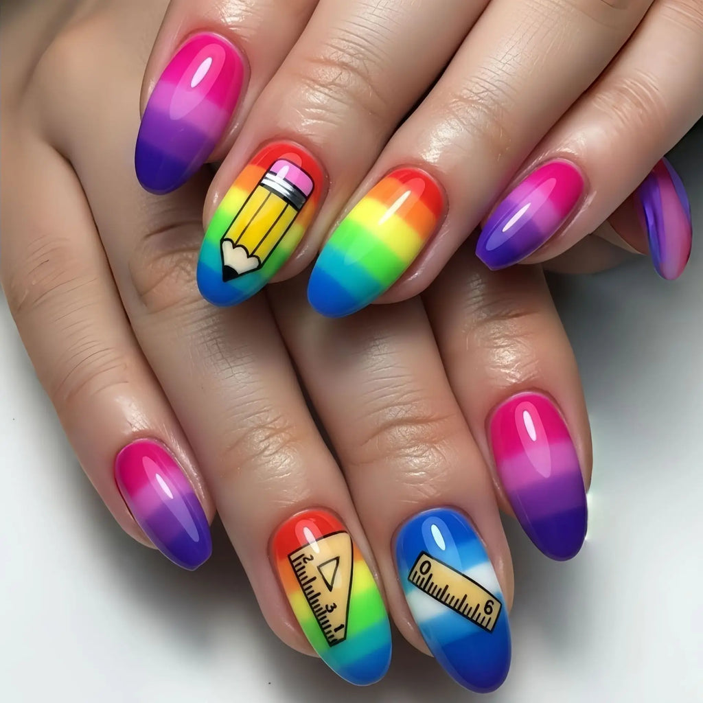 Medium fake nails for women girls Y2K Campus Pencil design black yellow purple pink blue almond nail tips press on false nail