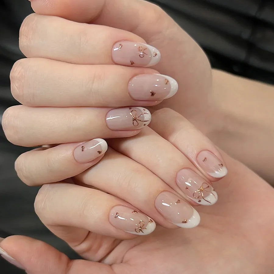 24pcs/set Medium fake nails for women girls almond tips french style strips golden white black yellow press on false nail art