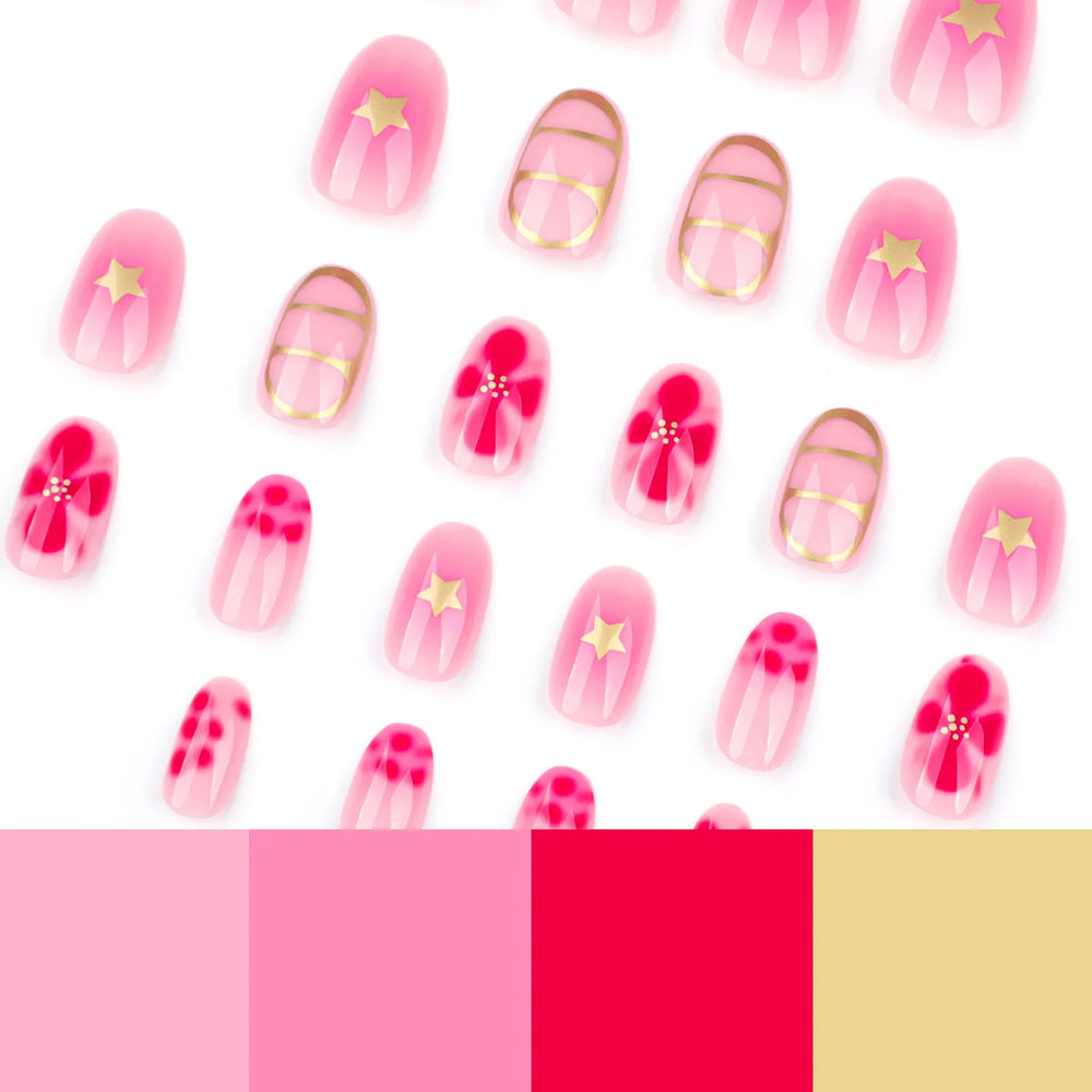 Sweet Pink Flower Gold Stripe Press-On Nails – Short Almond, 24 Pcs