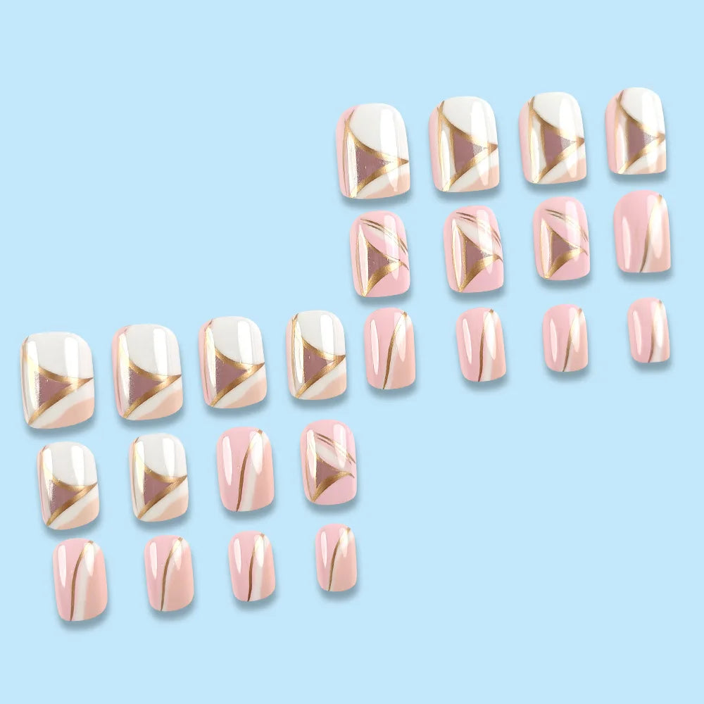 Pastel Cream Pink Lavender Orange Press-On Nails with Champagne Gold Stripe – Short
