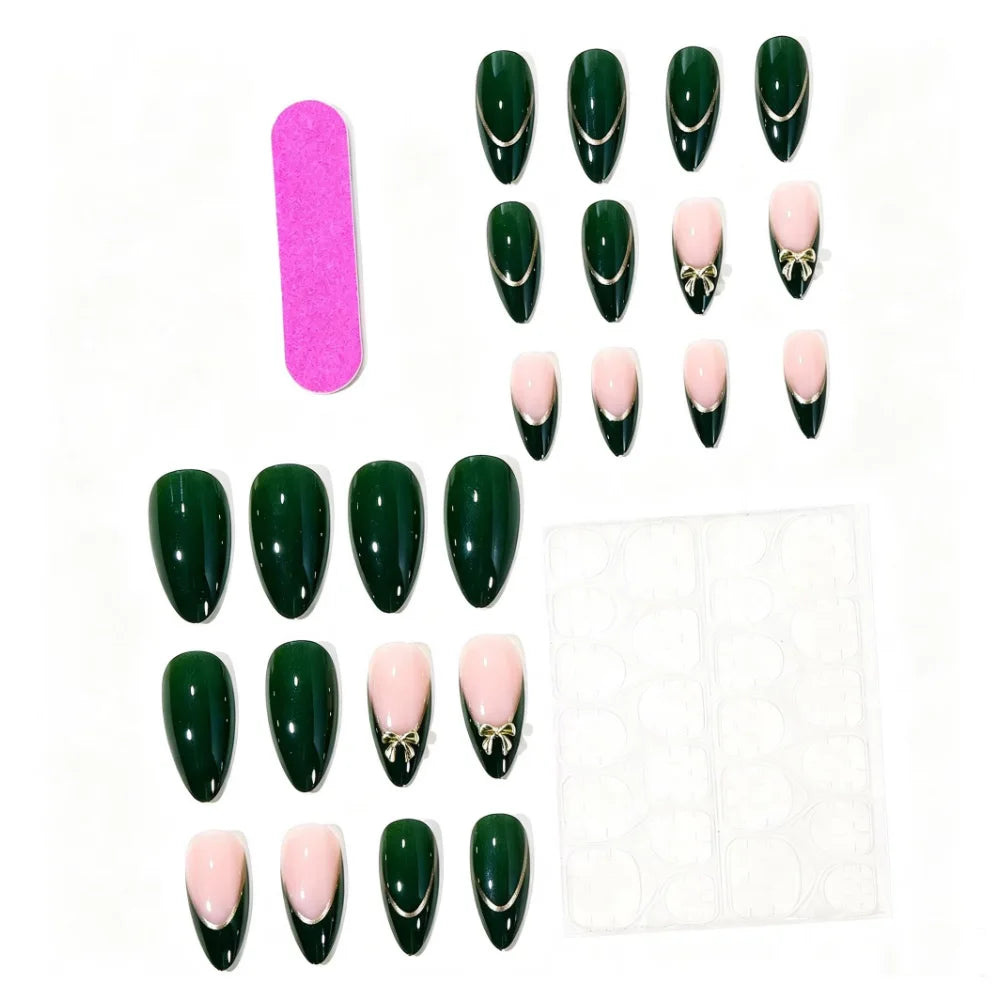 Medium fake nails for women nude dark green colors with golden Arc-shaped stripe bowknot almond nail tips press on false nail