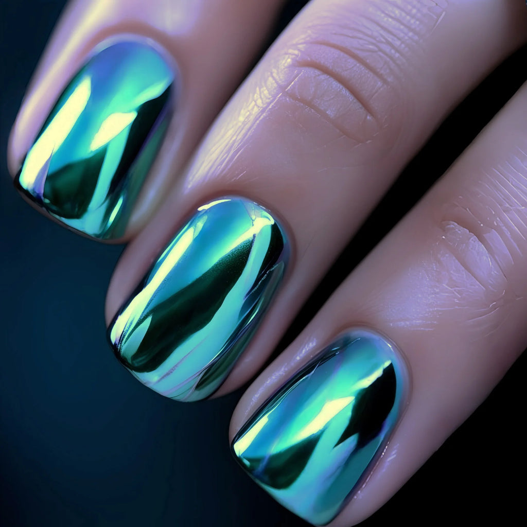 Short Medium fake nails for women girls Purple blue pink electric plated glossy square nail tips press on false nail enhancement