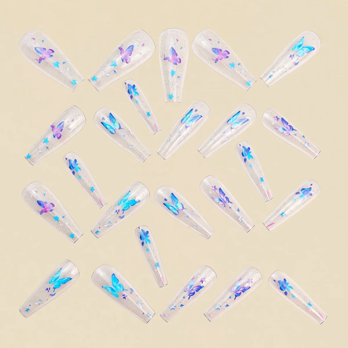Medium Fake Nails for Women Gilrs Half Clear Ballet Nail Tips Gradient Purple Blue Butterfly Design Full Cover Press On Nail Set
