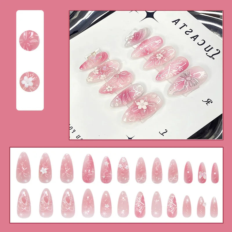 3D fake nails for women girls Gradient pink colors with flowers butterfly design almond nail tips full cover press on false nail