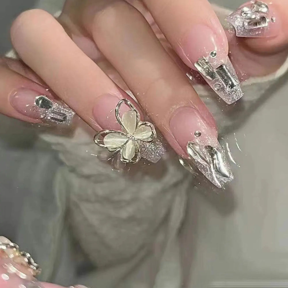 Glitter Rhinestone Pearl Bow Press-On Nails – Long Square, 24 Pcs
