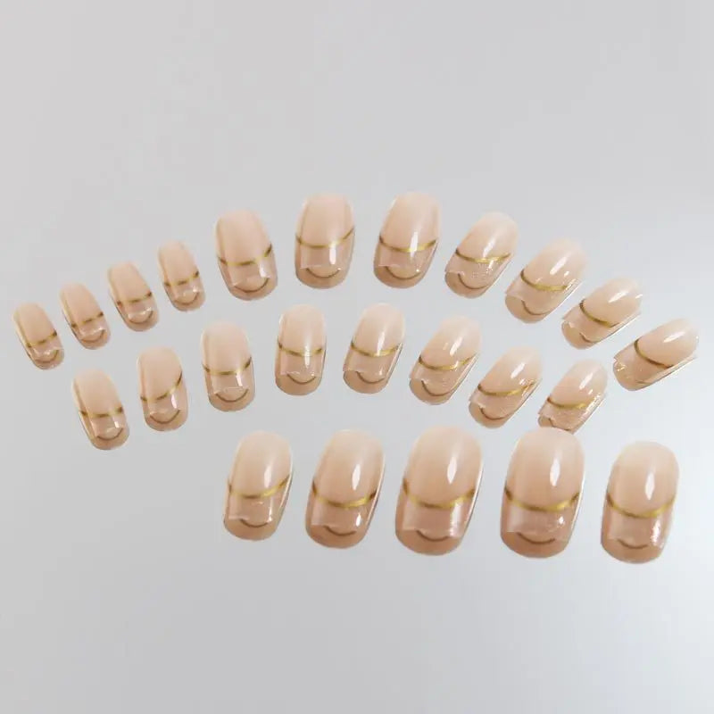 Nude square fake nails with sparkling shimmer nail tips french golden strips design full cover reusable press on Artificial Nai