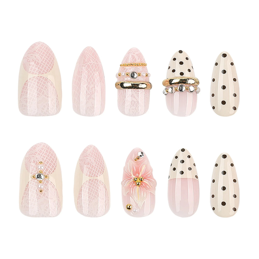 White Polka Dot 3D Flower Press-On Nails – Ballet Almond, 24 Pcs