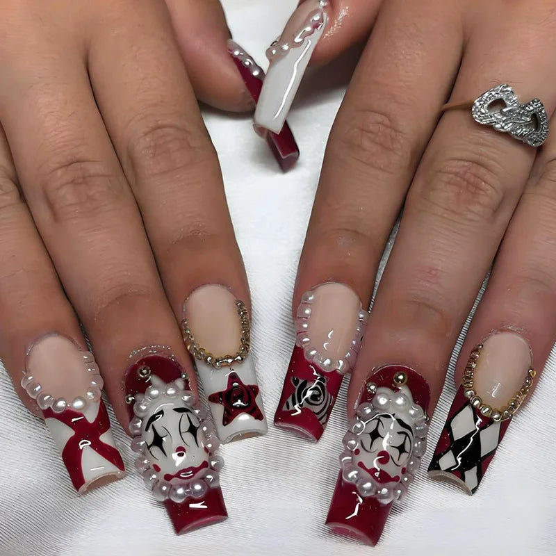 Circus Clown Ghost Halloween Press-On Nails – Long Stiletto, 24 Pcs