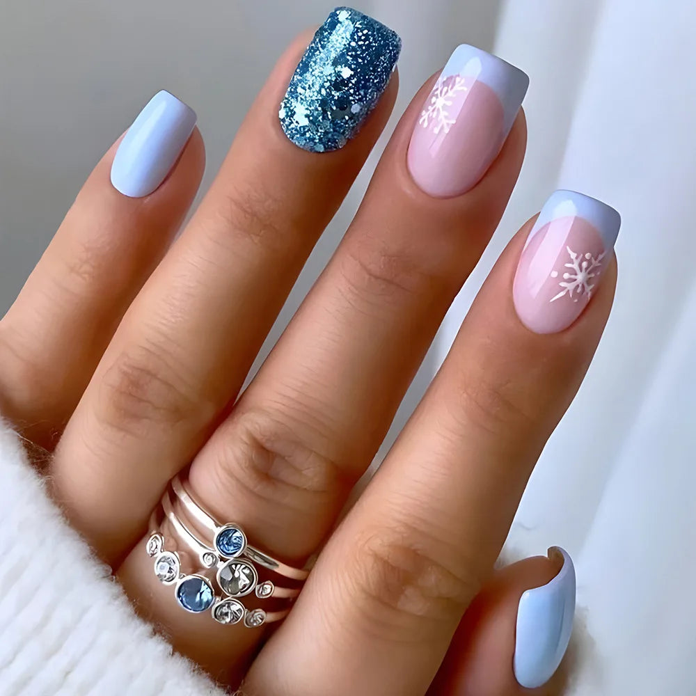 Snowflake Glitter Christmas Press-On Nails – Short Square, 24 Pcs