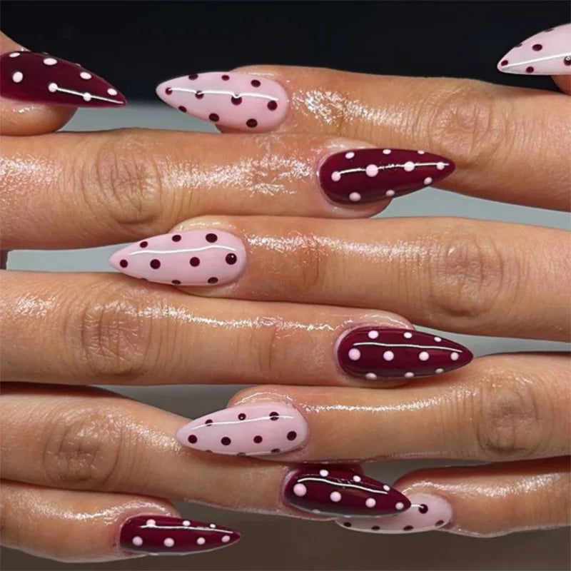 Short Medium fake nails Fashionable Polka Dot Red/Brown/Pink/Black almond square nail tips Autumn/Winter press on false nail set