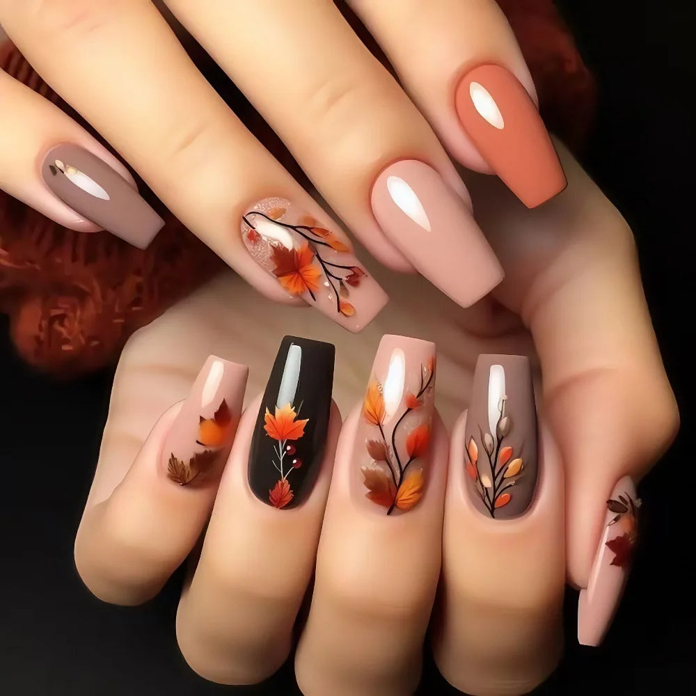 Red Brown Maple Leaf Blue Nude Press-On Nails – Medium