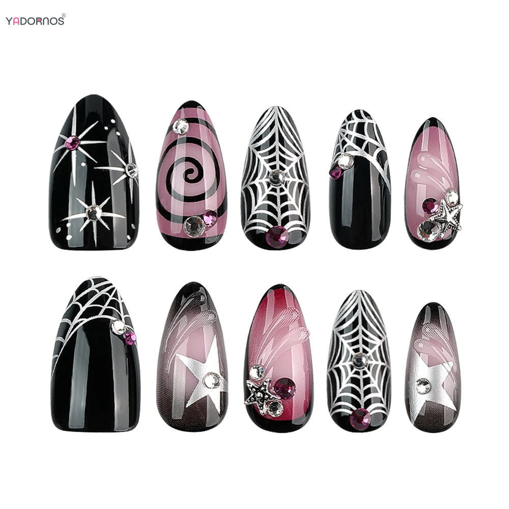 Black & Purple Spider Web Punk Press-On Nails – Almond, 24 Pcs